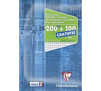 Clairefontaine 65816C - Un bloc de cours encollé grand côté 300 pages (200 + 100 gratuites) 90g, perforé 4 trous et petits carreaux, couverture carte pelliculée, Bleu électrique