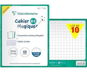 Clairefontaine 66710Cpack Un - Lote de 10 cuadernos mágicos grapados, 17 x 22 cm, 48 páginas cuadriculadas 10 x 10 mm con margen, papel blanco 90 g, mantas pizarra doble cara borrable en seco