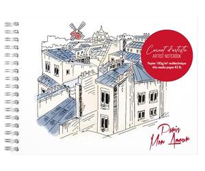 Clairefontaine 812438C - Un Carnet d'Artiste A Spirale Moulin Rouge - A5 Paysage 21x14,8cm 30 Feuilles de Papier Dessin Blanches Multitechniques 180g - Collection Moulin Rouge