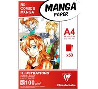 Clairefontaine 94042C Bloc Encollé Papier Manga et Illustration - 50 Feuilles Papier Dessin Blanc Extra Lisse A4 21x29,7 cm 100g - Papier idéal pour le Dessin au Feutre à Alcool