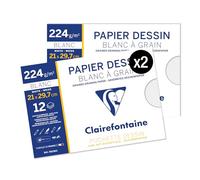 Clairefontaine 96156AMZC - Lote de 2 fundas de dibujo escolar - 12 hojas de papel de dibujo blanco con grano - A4, 21 x 29,7 cm, 224 g, ideal para artes plásticas