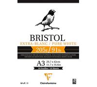 Clairefontaine 96172C - Bloc de 20 Hojas Papel Bristol Blanco Suave - A3 29,7 x 42 cm 205g - para Dibujo Técnico con Bolígrafo