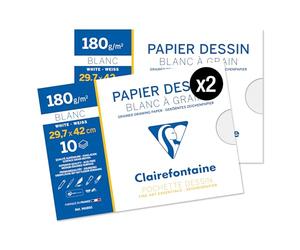 Clairefontaine 96185AMZC - Un lot de 2 Pochettes Dessin Scolaire - 10 Feuilles Papier Dessin Blanc à Grain - A3 29,7x42 cm 180g - Idéal pour les Arts Plastiques