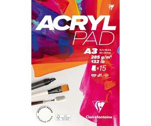 Clairefontaine 96512C - Bloc Pegado Acrylpad A3 29,7x42 cm 285g - 15 Hojas de Papel Acrílico Blanco Natural con Superficie Casi Lisa - Ideal para el Acrílico y la Gouache