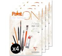 Clairefontaine 96537C - Un bloc encollé de papier dessin Paint'On 40 feuilles 21x29,7 cm 250g, Blanc - Paquet de 4 blocs