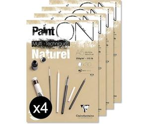 Clairefontaine 96539C - Un bloc encollé de papier dessin Paint'On 30 feuilles 14,8x21 cm 250g, Naturel- Paquet de 4 blocs