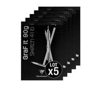 Clairefontaine 96618Cpack GraF'it - Lote de 5 bloques grapados (80 hojas, papel de dibujo liso, hojas desmontables, A6, 10,5 x 14,8 cm, 90 g), color negro