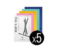 Clairefontaine 96619C Bloc Agrafé GraF'it - 80 Feuilles Papier Dessin Croquis Uni - Feuilles Détachables - A6 10,5x14,8 cm 90g - Couleurs de Couverture ass Aléatoires - Paquet de 5 blocs