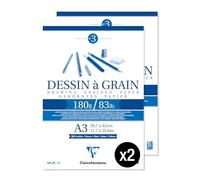 Clairefontaine 96622AMZC - Lote de 2 bloques encolados de papel de dibujo de grano (30 hojas, papel de dibujo con grano marcado, A3, 29,7 x 42 cm, 180 g, ideal para dibujar y bocetos con lápiz,