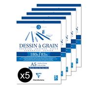 Clairefontaine 96626C Bloc Encollé Papier Dessin à Grain - 30 Feuilles Papier Dessin au Grain Marqué - A5 14,8x21 cm 180g - Paquet de 5 blocs