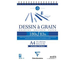 Clairefontaine 96628C - Bloc espiral de papel de grano - 30 hojas de papel de dibujo de grano marcado, A4, 21 x 29,7 cm, 180 g, para dibujo de lápiz, fieltro y fabricación - Paquete de 5 bloques