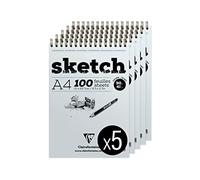 Clairefontaine 96644C Bloc Spiralé en-tête Papier Sketch - 100 Feuilles Papier Dessin Ivoire au Grain Très Léger - Feuilles Détachables - A4 21x29,7 cm 90g - Paquet de 5
