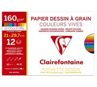 Clairefontaine 96779C - Pochette Dessin Scolaire - 12 Feuilles Papier Dessin à Grain Couleurs Vives Assorties - A4 21x29,7 cm 160g - Idéal pour les Arts Plastiques