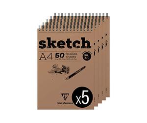 Clairefontaine 96904C - Bloque espiral con cabecera - 50 hojas de papel de dibujo blanco con grano muy ligero, hojas desmontables, A4, 21 x 29,7 cm, 90 g, paquete de 5 bloques