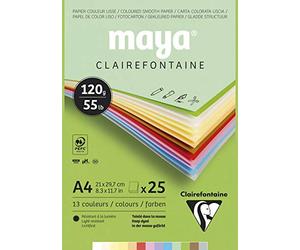 Clairefontaine 975332C - Un bloc encollé de papier dessin lisse Maya 25 feuilles 21x29,7 cm 120g, teintes pastel assorties (2 fles x 12 couleurs + 1 fle blanche)