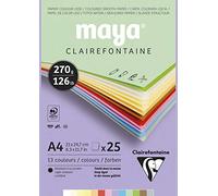 Clairefontaine 975336C - Un bloc encolado de papel de dibujo Maya 25 hojas 21 x 29,7 cm 270 g, colores pastel surtidos (2 hojas x 12 colores + 1 hoja blanca)