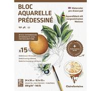 Clairefontaine 975726C - Bloc pre-dibujado de 15 hojas (2 x 6 diseños), 24 x 30 cm, 300 g, botánico