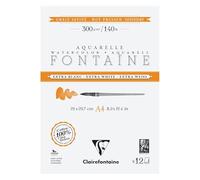 Clairefontaine 976027C Bloc Encollé 2 Côtés Fontaine Extra Blanc - 12 Feuilles Papier Aquarelle Extra Blanc 100% Coton Grain Satiné - Qualité Professionnelle A4 300g