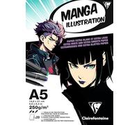 Clairefontaine 976162C Bloc Encollé Papier Manga Illustration A5 14,8x21 cm 250g - 25 Feuilles Papier Dessin Blanc Extra Lisse - Papier idéal pour le Dessin Manga au Crayon, à l’Encre et aux Feutres