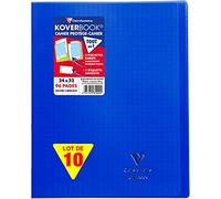 Clairefontaine 981422C - Un paquet de 10 cahiers piqués Koverbook 96 pages 24x32 cm 90g grands carreaux, couverture polypro (plastique) transparente, Bleu marine