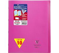 Clairefontaine 984608C - Un paquet de 10 cahiers piqués Koverbook 48 pages 24x32 cm 90g petits carreaux avec marge, couverture polypro (plastique) transparente, Rose