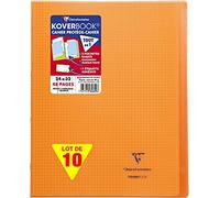 Clairefontaine 984609C - Un paquet de 10 cahiers piqués Koverbook 48 pages 24x32 cm 90g petits carreaux avec marge, couverture polypro (plastique) transparente, Orange