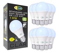CLAR - Bombilla con Sensor Crepuscular y Luz Fría 10W para Exterior, Noche y Día (Pack 10)