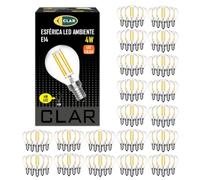 CLAR - Bombilla Led 4W, E14, Pequeña, Vintage, Casquillo Fino, Esférica Luz Cálida 3000ºK (Pack 100)