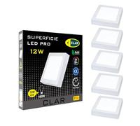 CLAR - Downlight LED Superficie 12W Cuadrado, Plafones para Techo LED, Aplique LED Superficie para Techo, Plafones LED, Plafon LED Techo Cuadrado, Luz Fría 6500ºK (Pack 5)