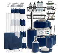 Clara Clark - Juego de 28 Accesorios de baño, con Estante de Ducha esquinero para Colgar con Adhesivo, Cortina de Ducha y Alfombrillas, Incluye Cortina de Ducha Azul Marino y Cubo de Basura