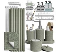 Clara Clark Juego de baño Verde Salvia, Juegos de baño con Cortina de Ducha y alfombras, Juego de Accesorios de baño de 26 Piezas, Juego de Cortina de Ducha con Organizador de Ducha Adhesivo para