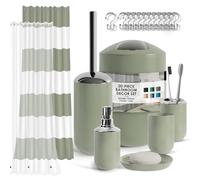 Clara Clark - Set de Accesorios de baño Verde Salvia de 20 Piezas con Cortina de Ducha y Forro, portacepillos, dispensador de jabón, jabonera y Cepillo para Inodoro con Soporte