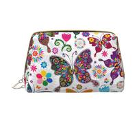 Claro Mar Agua Blanca Arena Playa Imprimir Bolsas de Cosméticos, Bolsa de Maquillaje de Cuero Pequeño para Cartera, Bolsa Cosmética, Bolsa de Inodoro para Mujeres Viajes, Mariposas y flores de colores