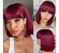 CLAROLAIR 12'' Red Human Hair Wigs with Bangs Burgundy Bob Wig Human Hair Straight Short Bob Wig with BangsPeluca Bob Burdeos Cabello Humano con flequillo Pelucas rojas de color burdeos con flequillo