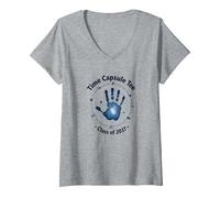 Clase de 2037 Grow with Me Handprint Time Capsule Camiseta Cuello V, Mujer, Gris Jaspeado, XL