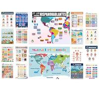 Clase de Español para Niños Poster, 18 Pósteres Bohemios Decoraciones Bilingües para Estudiantes de Primaria, Tablas de Aprendizaje Resistentes al Agua