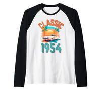 Clásico 1954 con Coche, Palmeras y Puesta de Sol Camiseta Manga Raglan