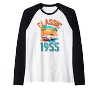 Clásico 1955 con Coche, Palmeras y Puesta de Sol Camiseta Manga Raglan