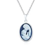 Clásico Estilo Antiguo Azul Blanco Tallado Ovalada Simple Enmarcado Victoriana Retrato De La Mujer Madre Y El Niño Cameo Collar Colgante Para Mujer Esposa .925 Plata De Ley