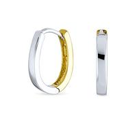 Clásico Medio Simple De Dos Tonos Oval U Mini Pendientesde Aro De Las Mujeres Adolescentes Pulido Con Bisagra .925 Plata De Ley