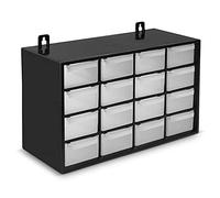 Clasificador apilable con 16 cajones, negro, 17 x 27 x 12 cm. Módulo, estante organizador de plástico para piezas pequeñas, taller, costura