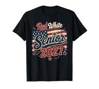 Class of 2027 Red White American Flag Senior Camiseta gráfica económica, Hombre, Negro, L