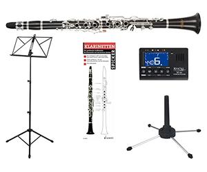 Classic Cantabile CL-20 Clarinete Sib - Clarinete Alemán - 20 llaves, 6 anillos - Cuerpo de Grenadilla - Set incluye boquilla, estuche, metrónomo/afinador, atril con funda y soporte para clarinete