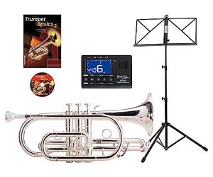 Classic Cantabile CR-400S Bb-Corneta Set (latón plateado, válvulas de acero inoxidable, corredera de afinación de alpaca, en estuche, boquilla, atril, afinador/metrónomo/, método) plateado