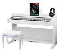Classic Cantabile DP-A 410 WH E-Piano Set: 88-key digital piano with hammer action, headphone jack, USB, auto accompaniment, pedals, sheet music, bench, headphones, and school included, glossy white.