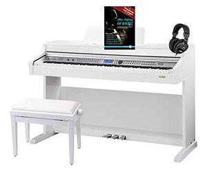Classic Cantabile DP-A 410 WH E-Piano Set: 88-key digital piano with hammer action, headphone jack, USB, auto accompaniment, pedals, sheet music, bench, headphones, and school included, glossy white.