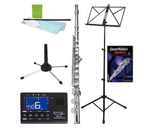Classic Cantabile FL-200 Set De Flautas Transversales + Partituras - Afinación en Do Mayor - Llaves Cerradas - Incluye Metro-Tuner, Set De Limpieza, Atril, Método y Soporte Para Flauta
