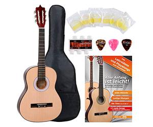 Classic Cantabile Set de Inicio Guitarra Clásica 3/4 - Set Completo para Principiantes con Accesorios - Serie Junior - Escala 3/4 / 59 cm - Acabado: Natural - Incluye Funda, Púas, Afinador y Escuela