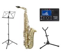 Classic Cantabile Winds AS-450 Set de Saxofón Alto en Mi bemol cepillado (Saxofón alto, latón cepillado, afinación Eb, llave de Fa sostenido, set con estuche, soporte para saxofón, afinador y atril)