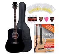 Classic Cantabile WS-10BK-LE Guitarra Western zurda Starter-Set (Dreadnought, 6 cuerdas, 20 trastes) incluye accesorios, funda, cuaderno, cuerdas y púas, color negro.